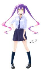 Rule 34 | 1girl, absurdres, black collar, black footwear, black skirt, blue socks, closed mouth, collar, collared shirt, demon tail, floating hair, full body, green eyes, hair ornament, hairclip, hand on own hip, highres, hololive, kneehighs, loafers, long hair, looking at viewer, makimaki makky7, miniskirt, multicolored hair, necktie, pink hair, pleated skirt, purple hair, purple necktie, school uniform, shirt, shoes, simple background, skirt, socks, solo, standing, striped necktie, tachi-e, tail, tokoyami towa, twintails, two-tone hair, very long hair, virtual youtuber, white background, white shirt, wing collar