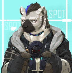 Rule 34 | 1boy, 1other, absurdres, arknights, black jacket, character name, chinese commentary, claws, commentary, doctor (arknights), ear piercing, eyebrow piercing, fingerless gloves, furry, furry male, gloves, highres, holding, holding toy, hood, hooded jacket, hyena boy, hyena ears, infection monitor (arknights), jacket, looking at viewer, male focus, mowang yu, multicolored hair, pawpads, piercing, spot (arknights), streaked hair, toy, upper body