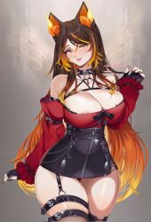 Rule 34 | 1girl, animal ears, breasts, brown hair, chaichne, chest harness, cleavage, collar, detached sleeves, fingerless gloves, fingernails, gloves, hair between eyes, harness, highres, indie virtual youtuber, large breasts, long fingernails, long hair, looking at viewer, multicolored hair, orange eyes, sinder (vtuber), sinder (vtuber) (3rd costume), solo, spiked collar, spikes, streaked hair, thigh strap, thighhighs, virtual youtuber, wolf ears, wolf girl