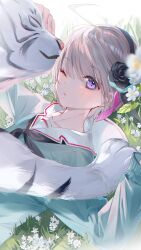 Rule 34 | 1girl, ahoge, animal, animal hands, aqua shirt, black flower, black hairband, black rose, blush, byakko (heaven burns red), closed eyes, commentary, flower, grey hair, hair flower, hair ornament, hairband, heaven burns red, highres, long sleeves, looking at viewer, lying, meadow, minase sumomo, miwano rag, nuzzle, on back, on grass, one eye closed, parted lips, purple eyes, rose, sailor collar, shirt, short hair, solo, tiger, tiger paws, white flower, white sailor collar, white tiger