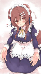 Rule 34 | 1girl, :3, alternate costume, animal ears, apron, blush, bone hair ornament, braid, breasts, brown eyes, brown hair, commentary request, dog ears, dog girl, dog tail, enmaided, frills, hair between eyes, hair ornament, hair over shoulder, hairclip, highres, hololive, inugami korone, large breasts, long hair, looking at viewer, low twin braids, maid, maid apron, maid headdress, outstretched hand, seiza, side braids, sitting, skirt, smile, solo, suzuki toto, tail, translation request, twin braids, virtual youtuber