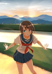 Rule 34 | 1girl, airplane arms, alternate costume, aqua eyes, blue skirt, brown hair, commentary request, grin, highres, hololive, homura minori, leaning forward, looking at viewer, miniskirt, neckerchief, oozora subaru, outstretched arms, pleated skirt, red neckerchief, riverbank, sailor collar, school uniform, serafuku, shirt, short hair, short sleeves, skirt, smile, solo, spread arms, sunset, swept bangs, virtual youtuber, white shirt