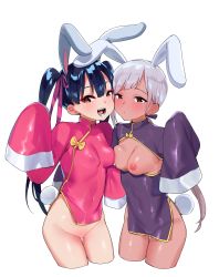 Rule 34 | 2girls, black hair, blush, borrowed character, bottomless, bow, breast press, breasts, breasts out, brown eyes, cheek-to-cheek, china dress, chinese clothes, dark-skinned female, dark skin, djheycha, dress, female focus, hair ribbon, heads together, highres, looking at viewer, multiple girls, nipples, open mouth, original, pelvic curtain, ribbon, short hair, simple background, sleeves past wrists, symmetrical docking, twintails, white background, white hair, yellow bow