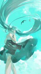 Rule 34 | 1girl, bird, black dress, blue theme, chi chi3939, cloud, dress, hatsune miku, highres, holding, holding sketchbook, long hair, looking up, sketchbook, sky, solo, the forgotten song (vocaloid), twintails, very long hair, vocaloid