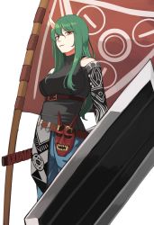 Rule 34 | 1girl, absurdres, arknights, banner, black shirt, blue pants, breasts, closed mouth, commentary, cowboy shot, flag, green hair, highres, horns, hoshiguma (arknights), hoshiguma (ronin huntress) (arknights), huge filesize, light smile, long hair, looking at viewer, mask, medium breasts, official alternate costume, oni mask, ozu (agito100001), pants, shield, shirt, simple background, skin-covered horns, smile, solo, straight hair, turtleneck, white background, yellow eyes