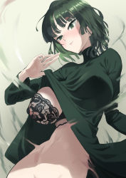 Rule 34 | 1girl, black bra, bra, fubuki (one-punch man), green eyes, green hair, half-closed eyes, highres, lifted by self, navel, nipples, no panties, one-punch man, one breast out, ronna, see-through, short hair, solo, underwear