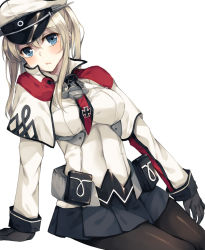 Rule 34 | 10s, 1girl, black gloves, black pantyhose, blonde hair, blue eyes, capelet, gloves, graf zeppelin (kancolle), hat, kantai collection, long hair, long sleeves, looking at viewer, military, military hat, military uniform, pantyhose, rinarisa, sitting, skirt, solo, twintails, uniform
