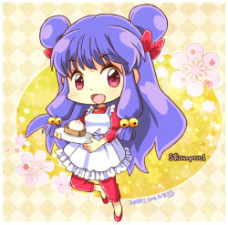 Rule 34 | 1girl, bow, chibi, dated, female focus, food, full body, hair ornament, hiyopuko, looking at viewer, open mouth, pink eyes, purple hair, ranma 1/2, shampoo (ranma 1/2), solo, twintails