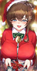 Rule 34 | 1girl, absurdres, animal ear fluff, animal ears, blue eyes, blush, bow, bowtie, breasts, brown hair, buttons, collared shirt, commentary request, dress shirt, fang, gift, green bow, green bowtie, hair between eyes, hair ornament, hairclip, hat, highres, holding, holding gift, incoming gift, kokko (kokko3045), large breasts, long hair, long sleeves, looking at viewer, merry christmas, open mouth, original, red shirt, santa hat, shirt, skin fang, solo, tongue, upper body