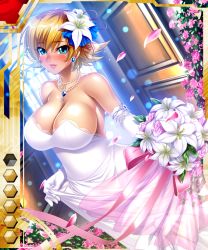Rule 34 | 00s, 1girl, bare shoulders, blonde hair, blue eyes, blush, bouquet, breasts, card (medium), card (red-ur), card (ur), cleavage, dress, earrings, elbow gloves, flower, gloves, hair ornament, igawa sakura, jewelry, kagami hirotaka, large breasts, lilith-soft, looking at viewer, necklace, pearl necklace, short hair, smile, solo, taimanin (series), taimanin asagi, taimanin asagi battle arena all card gallery, taimanin asagi kessen arena, tears, wedding dress