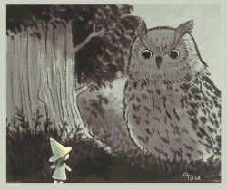 Rule 34 | 1girl, ayu (mog), bird, border, commentary, dress, english commentary, forest, grass, grey border, greyscale, hat, long sleeves, mini person, minigirl, mixed-language commentary, monochrome, nature, original, owl, signature, solo, tree, witch hat