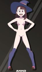Rule 34 | 1girl, absurdres, asymmetrical bangs, boots, breasts, brown hair, character name, cleft of venus, collarbone, hands on own hips, hat, highres, kagari atsuko, knee boots, little witch academia, long hair, looking at viewer, nipples, nude, open mouth, oryononilocram, pussy, red eyes, small breasts, teeth, upper teeth only, witch, witch hat