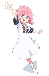 Rule 34 | 1girl, absurdres, arm up, blue eyes, blunt ends, bocchi the rock!, chikuwa (majihima), commentary, dress, gotoh futari, grey sailor collar, highres, looking at viewer, medium hair, neck ribbon, no shoes, open mouth, pink hair, puffy short sleeves, puffy sleeves, ribbon, sailor collar, sailor dress, short sleeves, simple background, smile, socks, solo, standing, star (symbol), star ornament, striped ribbon, two side up, white background, white dress, white socks