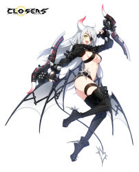 Rule 34 | 1girl, black legwear, boots, bracelet, closers, commentary request, demon girl, demon tail, demon wings, eyepatch, green eyes, heart, heart tail, highres, horns, jewelry, looking at viewer, nail polish, shoulder spikes, silver hair, single horn, solo, soma (closers), spiked boots, spiked bracelet, spiked tail, spikes, tail, weapon, wings