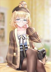 Rule 34 | 1girl, absurdres, bed, bed sheet, black skirt, blonde hair, blue eyes, blush, brown coat, coat, glasses, hand up, high-waist skirt, highres, hololive, hololive english, huge filesize, jewelry, looking at viewer, md5 mismatch, pantyhose, plaid, plaid coat, ralukiz, resolution mismatch, round eyewear, simple background, sitting, skirt, smile, solo, source smaller, virtual youtuber, watson amelia, watson amelia (street casual)