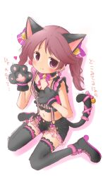 Rule 34 | 1girl, animal ears, animal hands, black choker, black footwear, black gloves, black shorts, black thighhighs, blush, bow, bowtie, breasts, brown hair, cat ears, cat tail, choker, cleavage, commentary request, crop top, cross-laced clothes, cross-laced shorts, fake animal ears, fake tail, frills, gloves, hair bow, hand on own chest, hand up, highres, idolmaster, idolmaster cinderella girls, lace, lace-trimmed thighhighs, long hair, looking at viewer, midriff, navel, on floor, paw gloves, pink bow, pink bowtie, pink eyes, shiina noriko, short shorts, shorts, sitting, small breasts, smile, solo, suspender shorts, suspenders, tail, thighhighs, thighs, tokkasan, tongue, tongue out, translation request, twintails, wariza, white background, zettai ryouiki