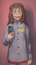Rule 34 | 1girl, absurdres, animification, apple inc., blouse, braces, brown hair, buttons, cellphone, collared shirt, cowboy shot, dress shirt, freckles, green eyes, grey shirt, highres, holding, holding phone, long hair, long sleeves, looking at viewer, mossacannibalis, pants, phone, red pants, shelley marsh, shirt, smartphone, solo, south park, standing, wide-eyed, wing collar
