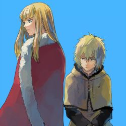 Rule 34 | 2boys, androgynous, blonde hair, blue background, blue eyes, brown eyes, canute, cape, coat, eyebrows, eyelashes, fur, fur collar, fur trim, long hair, looking at another, looking to the side, male focus, messy hair, multiple boys, prince, red coat, sidelocks, simple background, thorfinn, viking, vinland saga