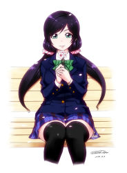 Rule 34 | 1girl, bench, black thighhighs, blue jacket, bow, bowtie, dated, flower, green bow, green bowtie, green eyes, hair ornament, hair scrunchie, highres, holding, holding flower, jacket, long sleeves, looking at viewer, love live!, love live! school idol project, low twintails, miniskirt, on bench, parted lips, purple hair, purple skirt, scrunchie, signature, simple background, sitting, skirt, smile, solo, tachibana roku, thighhighs, tojo nozomi, twintails, white background