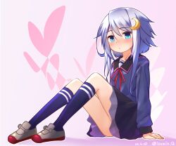 Rule 34 | 1girl, black sailor collar, black skirt, blue eyes, blue shirt, blue socks, blush, character name, crescent, crescent hair ornament, full body, grey footwear, hair ornament, izumikuma, kantai collection, long sleeves, looking at viewer, one-hour drawing challenge, pink background, pleated skirt, purple hair, sailor collar, sailor shirt, school uniform, serafuku, shirt, shoes, short hair with long locks, sitting, skirt, smile, socks, solo, yayoi (kancolle)