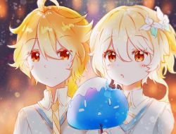 Rule 34 | 1boy, 1girl, aether (genshin impact), ahoge, bite mark, blonde hair, blush, closed mouth, collar, dress, flower, food, genshin impact, hair between eyes, hair flower, hair ornament, lazimei sauce, lumine (genshin impact), multicolored background, necktie, open mouth, popsicle, popsicle stick, shirt, siblings, slime, triangle mouth, white shirt, yellow eyes
