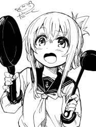 Rule 34 | 1girl, anchor symbol, commentary request, darkside, folded ponytail, frying pan, greyscale, holding, inazuma (kancolle), kantai collection, ladle, lineart, long hair, monochrome, open mouth, sailor collar, school uniform, serafuku, signature, solo, upper body