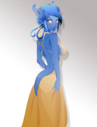 Rule 34 | 1girl, backless outfit, blue hair, blue skin, blush, breasts, colored skin, draenei, dress, horns, no pupils, pointy ears, tattoo, warcraft, world of warcraft, yellow dress
