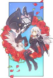 Rule 34 | 2girls, android, artist request, black dress, black footwear, boots, code: exotic (elsword), code: nemesis (elsword), daisy, dress, elsword, eve (elsword), closed eyes, facial mark, flower, forehead jewel, gothic lolita, grey hair, holding, holding flower, lolita fashion, long dress, long hair, long sleeves, multiple girls, multiple persona, official art, outside border, petals, raven cronwell, rose, rose petals, short dress, sitting, thigh boots, upside-down