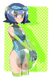 Rule 34 | 1girl, :3, araquanid, araquanid (cosplay), ball, bare shoulders, beachball, blue hair, blush, cosplay, creatures (company), elbow gloves, fumirumochigashin, game freak, gen 7 pokemon, gloves, green background, highres, lana (pokemon), looking at viewer, nintendo, one-piece swimsuit, pokemon, pokemon sm, short hair, smile, solo, sunglasses on head, swimsuit, thighhighs