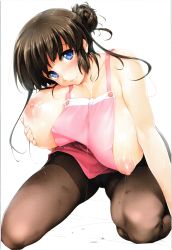Rule 34 | 1girl, absurdres, apron, bare shoulders, black hair, blue eyes, blush, breast hold, breasts, chie&#039;s mom (ishikei), female focus, highres, huge breasts, ishikei, kneeling, looking at viewer, nearly naked apron, nipples, no bra, pantyhose, scan, scan artifacts, short hair, simple background, smile, solo, sweat, white background