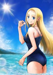 Rule 34 | 1girl, ass, beach, blonde hair, blue eyes, blue one-piece swimsuit, blue sky, cloud, commentary request, competition school swimsuit, day, from behind, highres, jewelry, kofune ushio, lens flare, long hair, looking at viewer, necklace, one-piece swimsuit, outdoors, school swimsuit, shijuuichi, sky, soaking feet, solo, summertime render, sun, swimsuit, wading