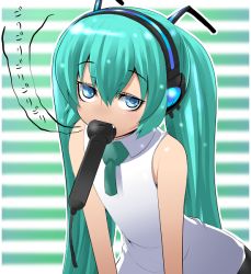 Rule 34 | 1girl, bad id, bad pixiv id, blue eyes, fang, green hair, hatsune miku, headphones, kara age, long hair, microphone, mouth hold, solo, striped, striped background, twintails, vocaloid