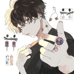 Rule 34 | 1boy, absurdres, black eyes, black shirt, earrings, floral print, flower, highres, holding, holding clothes, holding shirt, jewelry, light, looking at viewer, nail polish, original, outstretched hand, pink nails, red flower, ring, shirt, short hair, solo, somaz, white background