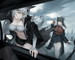 Rule 34 | 2girls, absurdres, animal ears, arknights, bandeau, bare legs, black hair, black jacket, black necktie, black shorts, breasts, cleavage, cloud, cloudy sky, commentary, fingerless gloves, gloves, grey eyes, grey gloves, grin, hair between eyes, hand up, head tilt, highres, jacket, lappland (arknights), large breasts, lazy dog 916513884, long hair, long sleeves, looking at viewer, material growth, midriff, multiple girls, navel, necktie, off shoulder, open clothes, open jacket, oripathy lesion (arknights), outdoors, ponytail, pov, red eyes, red gloves, red shirt, scar, scar across eye, scar on face, shirt, short shorts, shorts, silver hair, sky, smile, standing, stomach, strapless, texas (arknights), texas (willpower) (arknights), thighs, tube top, very long hair, wide sleeves, wolf ears