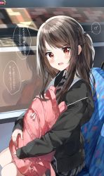 Rule 34 | 1girl, backpack, bag, black jacket, blush, brown hair, bus interior, collared shirt, commentary request, diagonal-striped clothes, diagonal-striped necktie, diagonal-striped neckwear, fang, grey skirt, highres, hood, hood down, hooded jacket, hugging object, jacket, long hair, long sleeves, looking at viewer, necktie, open clothes, open jacket, open mouth, original, pentagon (railgun ky1206), plaid, plaid skirt, pleated skirt, ponytail, red eyes, reflection, road, shirt, sitting, skirt, sleeves past wrists, solo, street, striped clothes, striped necktie, striped neckwear, translation request, v-shaped eyebrows, wavy mouth, white shirt, window