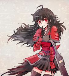 Rule 34 | 1girl, ahoge, armor, black hair, commentary request, finger to mouth, grin, iesupa, raven branwen, red eyes, rwby, shushing, smile, solo, sword, weapon