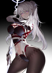 1girl, absurdres, blush, breasts, brown legwear, closed mouth, clothing cutout, contrapposto, eyebrows visible through hair, gradient, gradient background, grey hair, hair between eyes, highres, holding, holding polearm, holding weapon, horz, long hair, navel, navel cutout, original, pantyhose, polearm, purple eyes, solo, weapon