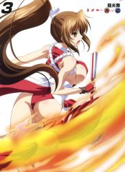 Rule 34 | 1girl, ass, breasts, brown hair, cleavage, folded fan, fatal fury, fire, folding fan, hand fan, highres, izumi mahiru, japanese clothes, large breasts, long hair, panties, pelvic curtain, ponytail, pyrokinesis, queen&#039;s blade, queen&#039;s gate, shiranui mai, sideboob, snk, solo, the king of fighters, underwear
