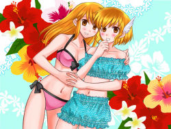 Rule 34 | 2girls, 74, bikini, blonde hair, blush, bow, bow bikini, breasts, brown eyes, cleavage, fire emblem, fire emblem: genealogy of the holy war, floral background, head wings, holding hands, lachesis (fire emblem), long hair, looking at viewer, midriff, mother and daughter, multiple girls, nanna (fire emblem), navel, nintendo, panties, parted lips, pink panties, short hair, side-tie bikini bottom, smile, swimsuit, underwear, wings