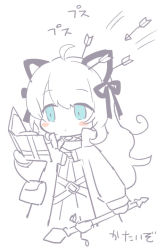 Rule 34 | 1girl, ahoge, arknights, arrow (projectile), arrow in body, arrow in head, blue eyes, blush stickers, book, closed mouth, cropped torso, hair between eyes, hair ribbon, holding, holding book, husui parashi, jacket, long hair, mint (arknights), object through head, open book, open clothes, open jacket, ribbon, shirt, simple background, solo, translation request, upper body, very long hair, white background