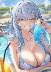 Rule 34 | 2girls, ahoge, bare shoulders, beach, bikini, blue bikini, blue eyes, blue hair, blue sky, blurry, blurry background, blush, breasts, cleavage, cloud, cocktail, cocktail glass, collarbone, commentary request, cup, day, drink, drinking glass, food, fruit, grin, hair ornament, hairclip, highres, holding, holding cup, large breasts, lemon, lemon slice, looking at viewer, multiple girls, neshia (tsaqif0309), one eye closed, open mouth, original, outdoors, pool, sky, smile, solo focus, swimsuit, teeth, upper body, water, wet, white bikini