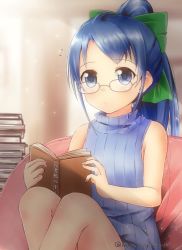 Rule 34 | 1girl, alternate costume, artist name, bare arms, bare legs, bare shoulders, bean bag chair, blue eyes, blue hair, blurry, blurry background, book, book stack, bow, commentary request, glasses, glasses day, green bow, hair bow, holding, holding book, jewelry, kantai collection, knees up, long hair, looking at viewer, mae (maesanpicture), notice lines, ponytail, reading, ring, samidare (kancolle), sidelocks, sitting, sleeveless, sleeveless turtleneck, solo, sweater, swept bangs, turtleneck, turtleneck sweater, very long hair