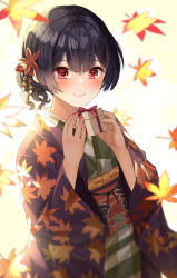 Rule 34 | 1girl, autumn leaves, backlighting, black hair, blush, bow, box, closed mouth, cowboy shot, falling leaves, gift, gift box, green kimono, hair ornament, haori, highres, holding, holding gift, idolmaster, idolmaster shiny colors, japanese clothes, kimono, leaf, leaf print, long sleeves, looking at viewer, maple leaf, morino rinze, obi, open clothes, red bow, red eyes, sash, shio kouji (shiokojii), short hair, smile, solo, upper body, wide sleeves