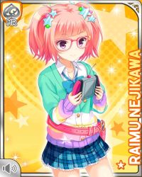 Rule 34 | 1girl, asymmetrical legwear, belt, blue bow, bow, cardigan, character name, closed mouth, controller, girlfriend (kari), glasses, hair ornament, holding, medium hair, mismatched legwear, nejikawa raimu, official art, pink belt, pink hair, pocket, purple eyes, qp:flapper, roller skates, shoes, skates, smile, sneakers, solo, standing, tagme, tool, twintails, yellow background