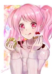 Rule 34 | 1girl, :q, bang dream!, cake, doughnut, food, heart, heart necklace, highres, holding, holding cake, holding food, jewelry, long hair, looking at viewer, luxunshangxiang, maruyama aya, necklace, off-shoulder shirt, off shoulder, pink hair, red eyes, ribbed sweater, shirt, solo, sweater, swept bangs, tongue, tongue out, upper body, white sweater