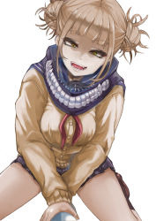 Rule 34 | 1girl, blonde hair, blue scarf, blunt bangs, boku no hero academia, breasts, cardigan, commentary request, double bun, fangs, hair bun, half-closed eyes, highres, holding, long sleeves, looking at viewer, medium breasts, messy hair, miniskirt, open mouth, pleated skirt, pro, scarf, school uniform, short hair, simple background, sitting, skirt, smile, solo, spread legs, teeth, toga himiko, tongue, white background, yellow eyes