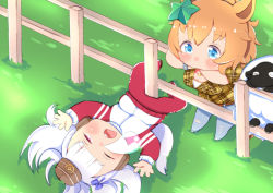 Rule 34 | 2girls, against railing, animal ears, blue eyes, blunt bangs, blush, bow, breasts, bridle, brown hair, brown headwear, chibi, cleavage, commentary, commentary request, denim, ear bow, ear covers, english commentary, fence, full body, gold ship (umamusume), hair between eyes, hair ornament, half-closed eye, hat, highres, horse ears, horse girl, horse tail, jacket, jeans, jewelry, large breasts, long hair, looking at another, lying, mixed-language commentary, multiple girls, necklace, nose bubble, on back, on grass, one eye closed, open mouth, outdoors, pants, pillbox hat, plaid, plaid shirt, ponytail, purple eyes, railing, red pants, red sleeves, shadow, sheep, shimanoji, shirt, short sleeves, sidelocks, silver hair, sleeping, standing, star (symbol), star hair ornament, taiki shuttle (umamusume), tail, teeth, torn clothes, torn pants, track suit, umamusume, upper teeth only, white jacket, wooden fence, yellow shirt