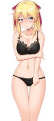 Rule 34 | 1girl, bare legs, bare shoulders, black bra, black panties, blonde hair, blue eyes, blush, bra, breast hold, breasts squeezed together, breasts, cleavage, closed mouth, embarrassed, game cg, groin, kubel no kubikase-byou, large breasts, legs, looking at viewer, navel, original, panties, standing, thigh gap, thighs, transparent background, twintails, underwear, yasagure kitsuenjo
