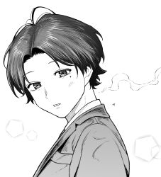 Rule 34 | 1boy, ahoge, commentary request, formal, greyscale, highres, kanazawa shinnosuke, looking to the side, male focus, mole, mole under eye, monochrome, original, parted lips, short hair, suit, white background