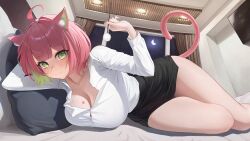 Rule 34 | 1girl, ahoge, animal ear fluff, animal ears, bed, black skirt, blush, breasts, cat ears, cat girl, cat tail, cleavage, collared shirt, curtains, gamtori (vtuber), green eyes, green hair, hantata, indie virtual youtuber, indoors, large breasts, long sleeves, looking at viewer, lying, mimikaki, multicolored hair, night, on bed, on side, paw print, pencil skirt, pillow, pink hair, shirt, short hair, skirt, solo, tail, virtual youtuber, white shirt, window